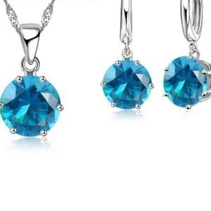 925 Sterling Silver Blue Topaz Gems Pendant Earrings Jewelry Set NEW